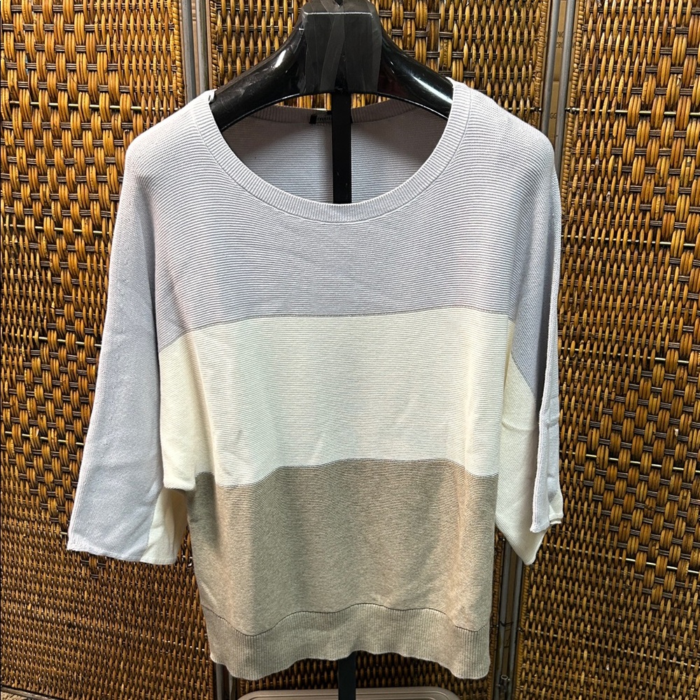2043 Lafayette 148 New York Brown Aerial Blue and Cream Mid Sleeve Top Size XL